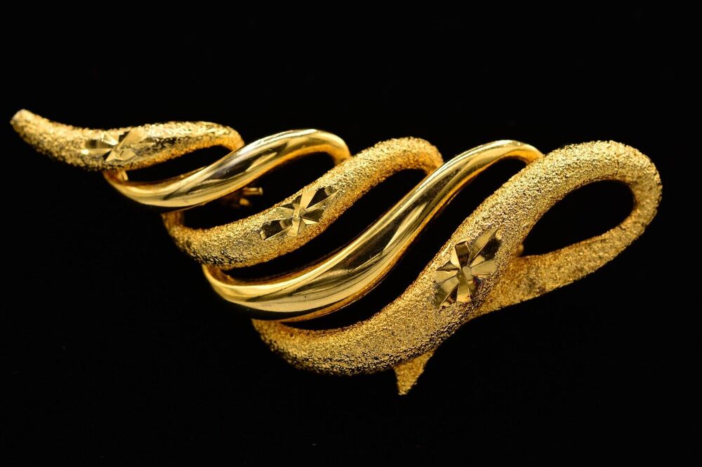 Vintage Pin Brooch Brushed Gold Metallic Textured Swirl Chunky 1980s BinAH